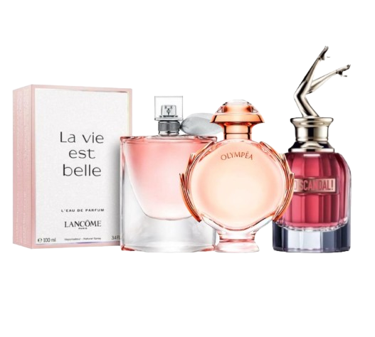 3 Perfumes PACO RABANNE Fame, JEAN PAUL GAULTIER Scandal,LA VIDA BELLA DE lacome.