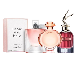 3 Perfumes PACO RABANNE Fame, JEAN PAUL GAULTIER Scandal,LA VIDA BELLA DE lacome.